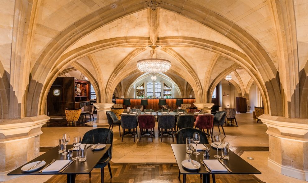 interior of the MCR Restaurant and bar. Vaulted ceilings and chandelier
